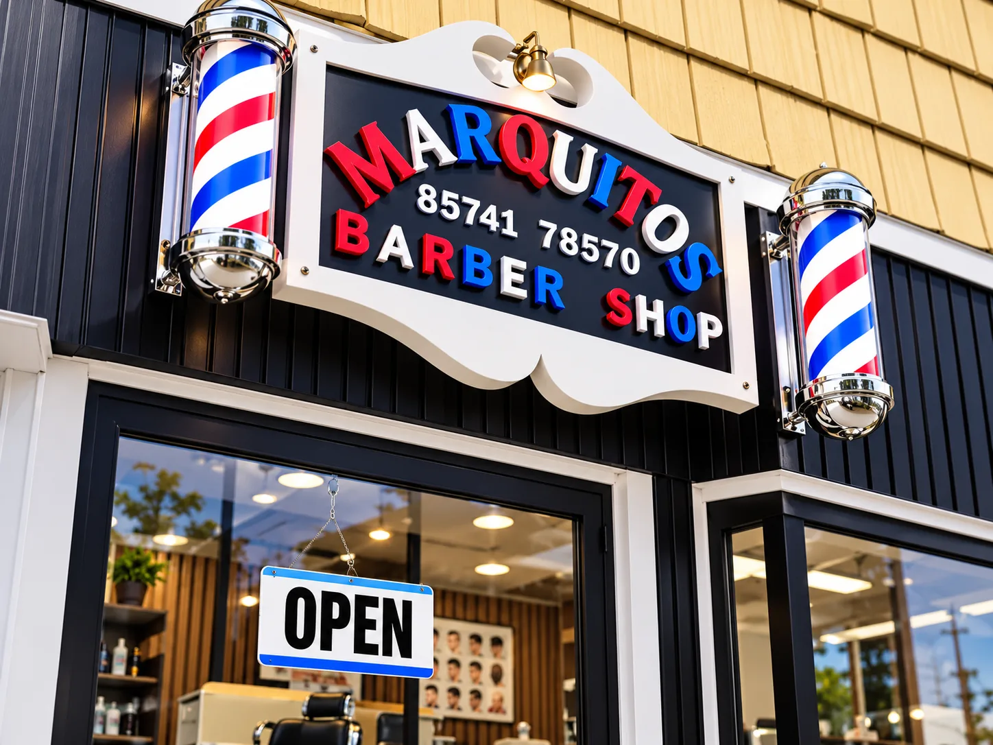 Marquitos Barber Shop storefront on Bridge Street, with barber poles and sign